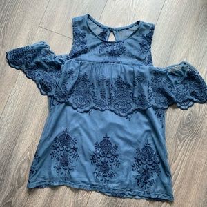 Lace Open Shoulder Keyhole Back Blouse